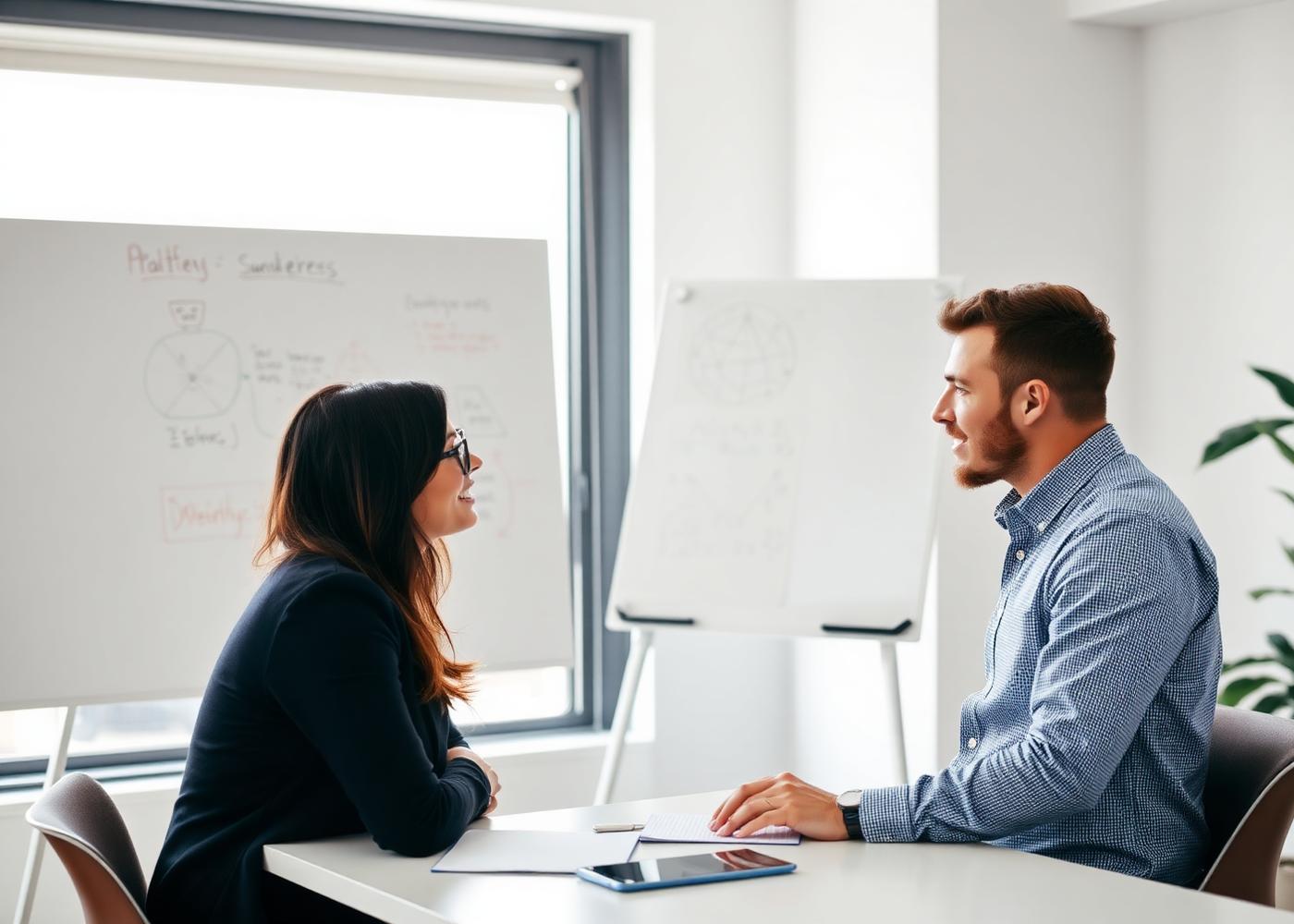 Consultant coaching a business owner at a whiteboard