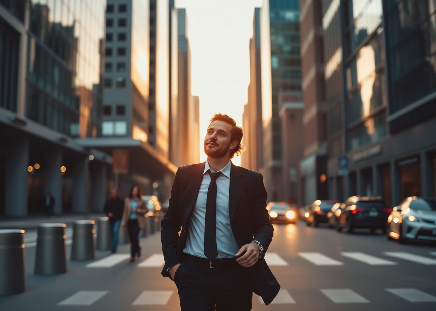 Ambitious professional walking through the city at sunrise